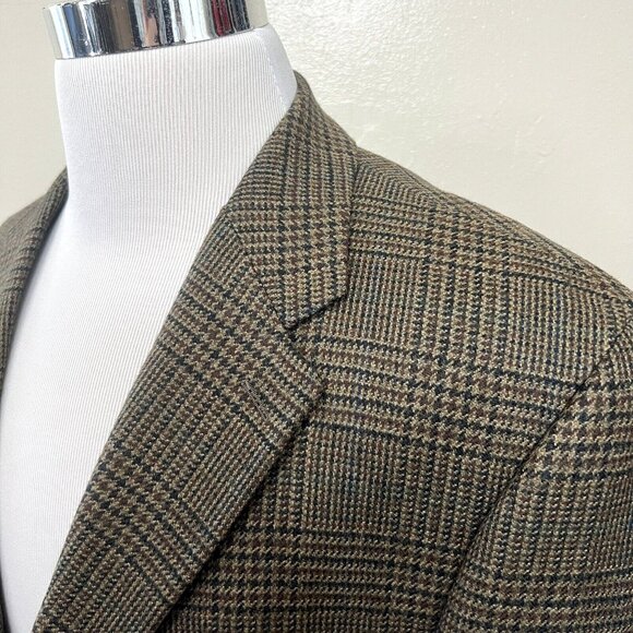 Chaps Ralph Lauren Wool Plaid Blazer Mens 46 R Vintage 80's Jacket Tan Blue Coat - Picture 1 of 10
